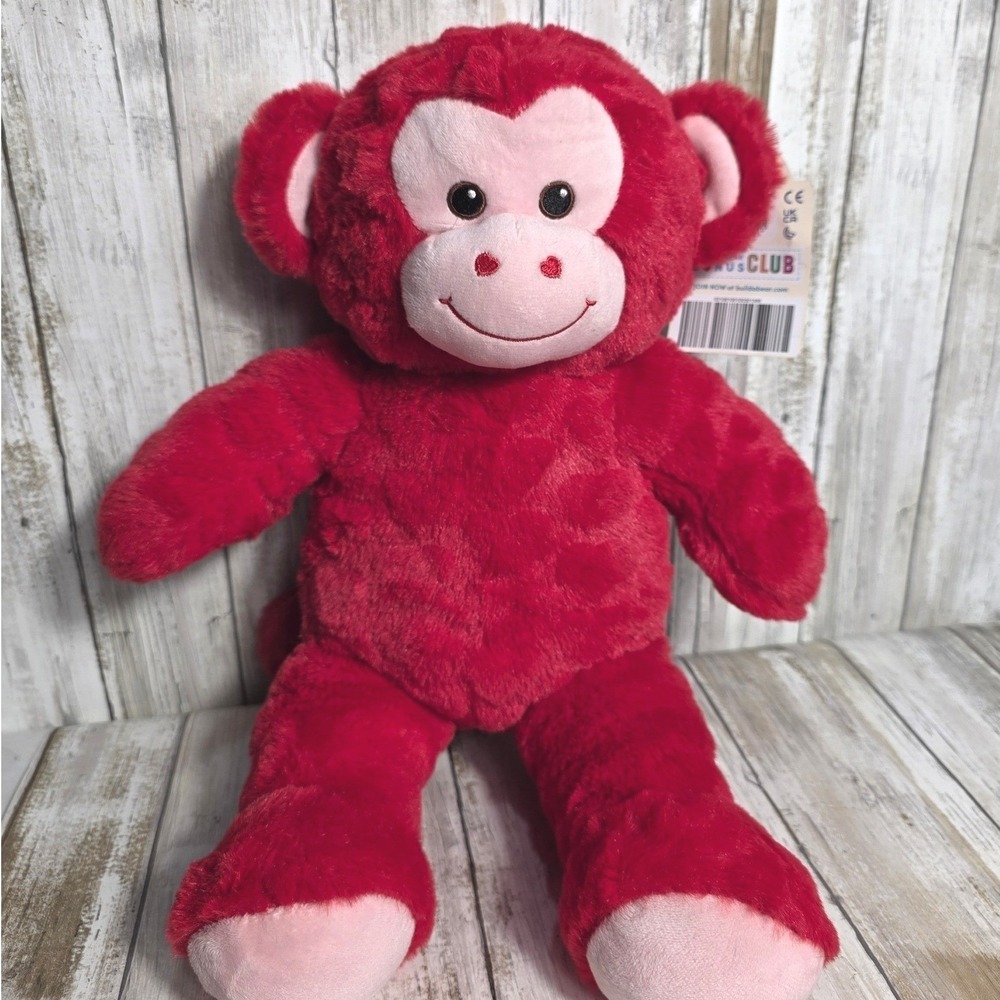 Build-A-Bear Workshop Red Heart Pattern Monkey Plush Red Accents 17 Inch NWT